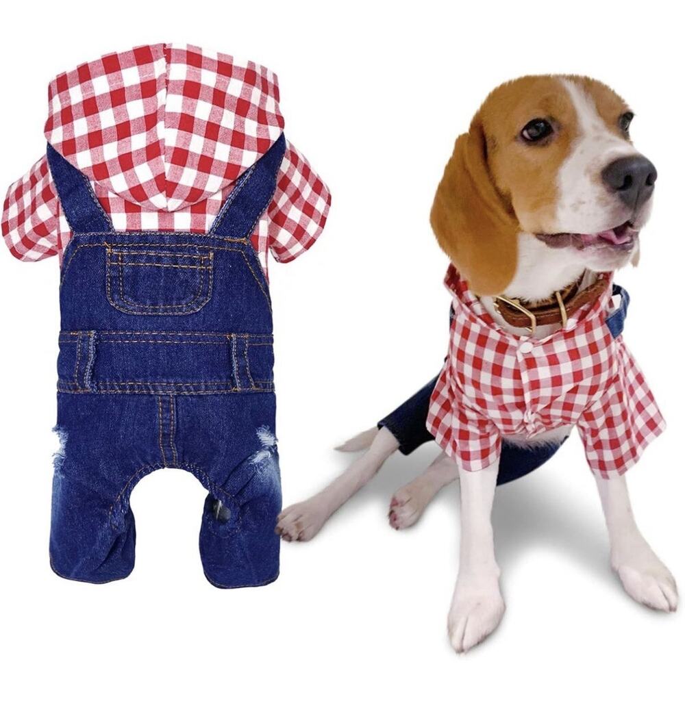 Pet Dog Denim Overalls Red Plaid Shirt Set XL